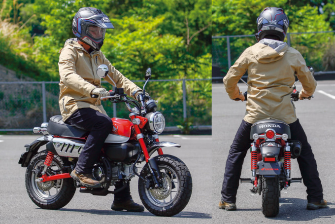 ホンダ・モンキー125の足つき状況。試乗インプレッションライダーは172cmの谷田貝 洋暁