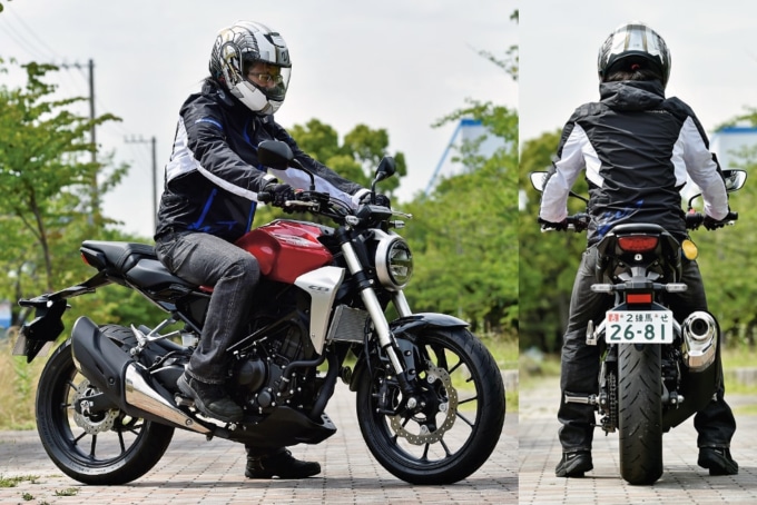 ホンダのCB250Rの足つき状況。試乗インプレッションライダーは171cmの吉田 朋