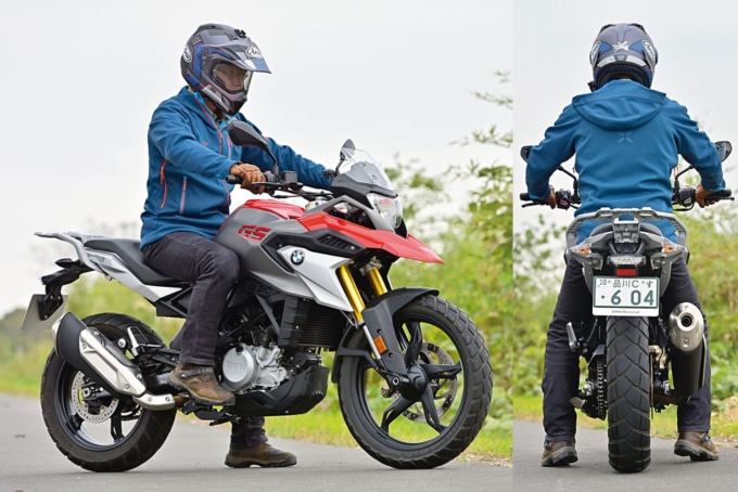 BMW・G310GSの足つき状況。試乗インプレッションライダーは172cmの谷田貝 洋暁