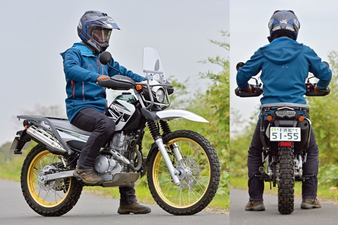ツーリングセローの足つき状況。ライダーは身長172㎝の谷田貝 洋暁